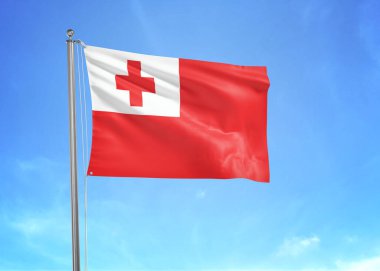 Bulutlu gökyüzünde sallanan Tonga bayrağı 3 boyutlu illüstrasyon
