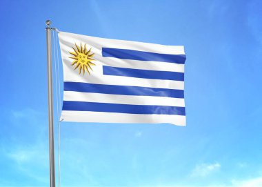 Bulutlu gökyüzünde dalgalanan Uruguay bayrağı 3 boyutlu illüstrasyon