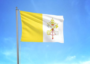 Vatikan bayrağı üç boyutlu bulutlu gökyüzünde dalgalanıyor.