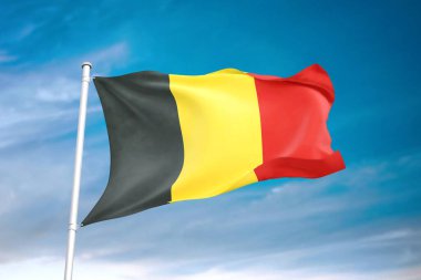Bulutlu gökyüzünde sallanan Belçika bayrağı 3 boyutlu illüstrasyon