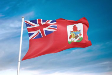 Bermuda bayrağı üç boyutlu bulutlu gökyüzünde dalgalanıyor.