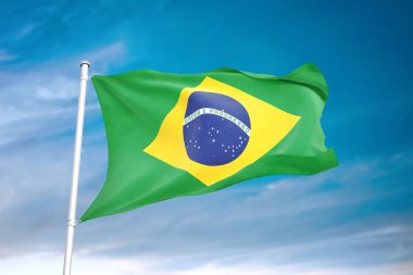 Brezilya bayrağı bulutlu gökyüzünde dalgalanıyor 3 boyutlu illüstrasyon