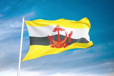 Brunei Darussalam bayrağı 3 boyutlu bulutlu gökyüzünde dalgalanıyor.