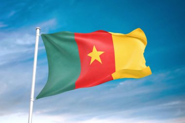 Bulutlu gökyüzünde fotoğraf makinesi bayrağı dalgalanıyor.