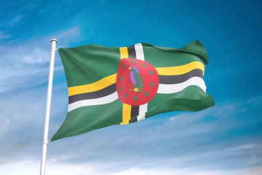 Bulutlu gökyüzünde sallanan Dominika bayrağı 3 boyutlu illüstrasyon