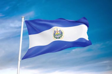 El Salvador bayrağı 3 boyutlu bulutlu gökyüzünde dalgalanıyor.