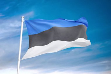 Bulutlu gökyüzünde sallanan Estonya bayrağı 3 boyutlu illüstrasyon