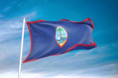 Bulutlu gökyüzünde sallanan Guam bayrağı 3 boyutlu illüstrasyon
