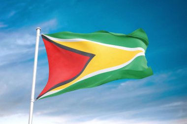 Bulutlu gökyüzünde sallanan Guyana bayrağı 3 boyutlu illüstrasyon