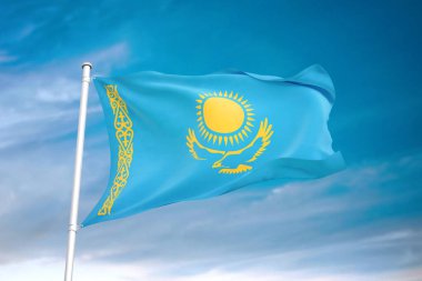 Bulutlu gökyüzünde dalgalanan Kazakistan bayrağı 3 boyutlu illüstrasyon