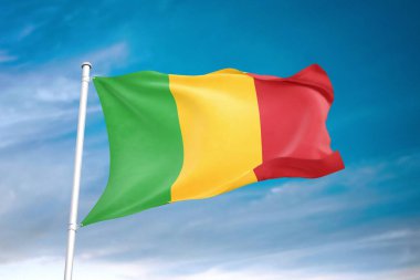 Bulutlu gökyüzünde dalgalanan Mali bayrağı 3 boyutlu illüstrasyon