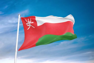 Umman bayrağı 3 boyutlu bulutlu gökyüzünde dalgalanıyor.