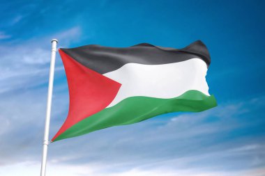 Bulutlu gökyüzünde dalgalanan Filistin bayrağı 3 boyutlu illüstrasyon