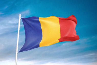 Bulutlu gökyüzünde dalgalanan Romanya bayrağı 3 boyutlu illüstrasyon