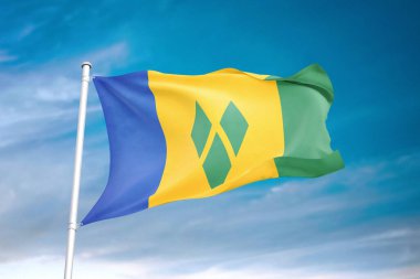 Saint Vincent ve Grenadines bayrağı bulutlu gökyüzünde dalgalanıyor.