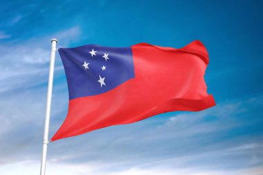 Bulutlu gökyüzünde Samoa bayrağı dalgalanıyor 3 boyutlu illüstrasyon