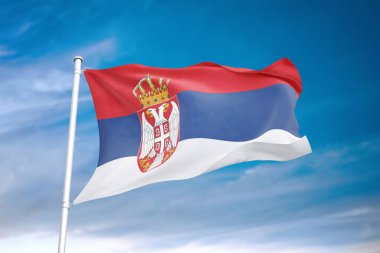 Sırbistan bayrağı bulutlu gökyüzünde dalgalanıyor 3D illüstrasyon