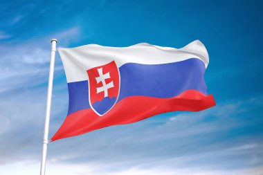 Bulutlu gökyüzünde dalgalanan Slovakya bayrağı 3 boyutlu illüstrasyon