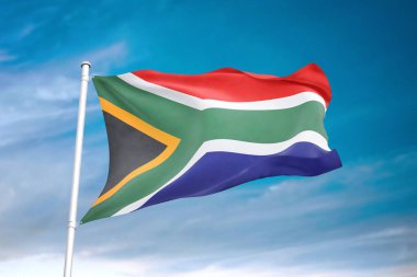 Bulutlu gökyüzünde dalgalanan Güney Afrika bayrağı 3 boyutlu illüstrasyon