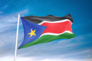 Güney Sudan bayrağı 3 boyutlu bulutlu gökyüzünde dalgalanıyor.