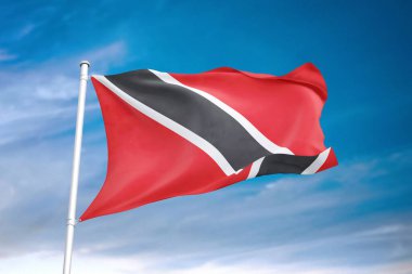 Trinidad ve Tobago bayrağı bulutlu gökyüzünde dalgalanıyor.