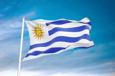 Bulutlu gökyüzünde dalgalanan Uruguay bayrağı 3 boyutlu illüstrasyon