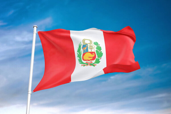 Флаг Перу, размахивающий в облачном небе 3D иллюстрацией
