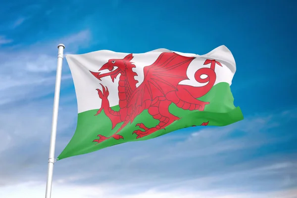 Wales Vlag Zwaaiend Bewolkte Lucht Illustratie — Stockfoto