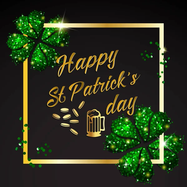 Happy st. patrick day schriftzug hintergrund mit glitter klee — Stockvektor