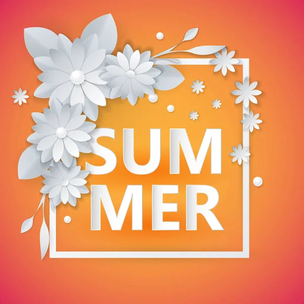 Letras de verano con flores de arte de papel — Vector de stock