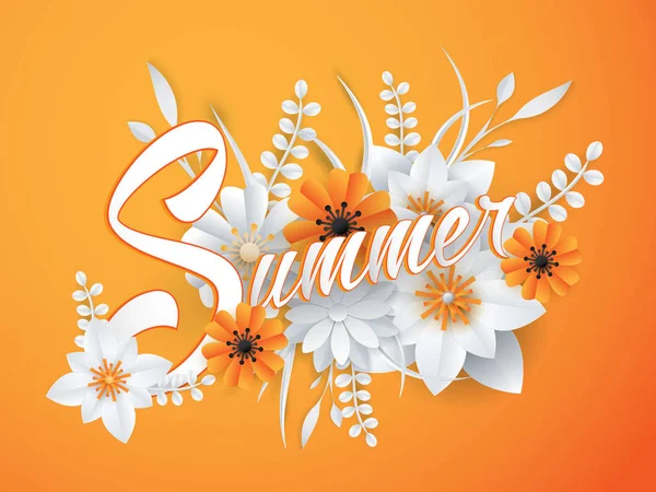 Letras de verano con flores de arte de papel — Vector de stock