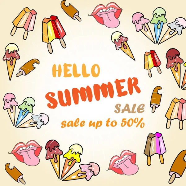 Hello Summer Sale Poster with ice cream — Stock Vector