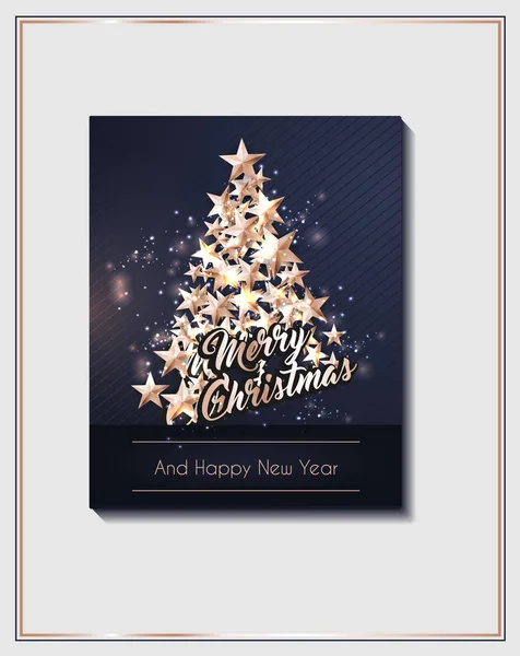 Plantilla de póster de Navidad con árbol de Navidad de recorte brillante estrellas de oro — Vector de stock