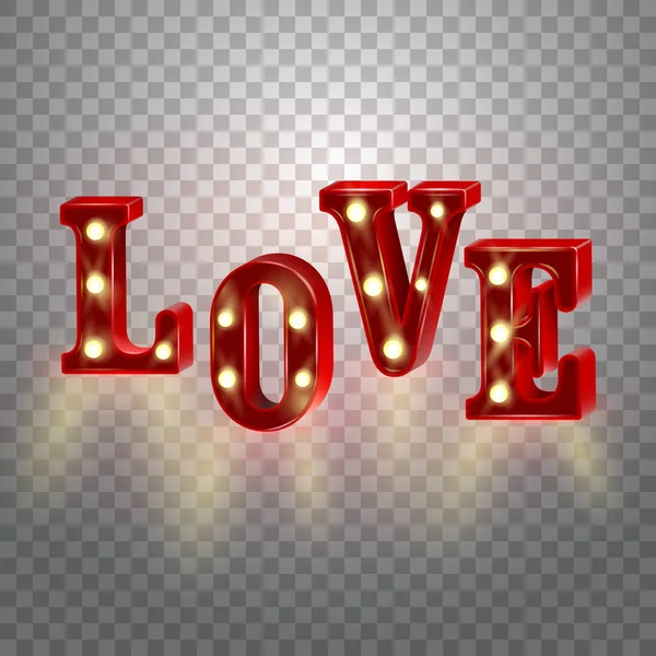 Néon 3d mot Amour avec des lumières . — Image vectorielle