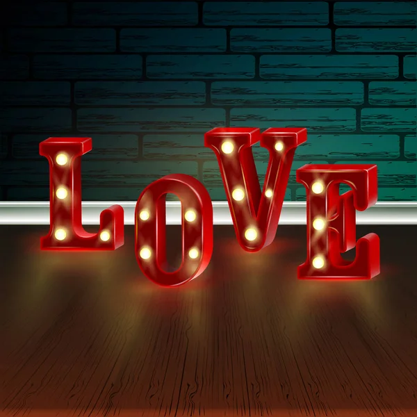 Neon 3d woord Love met verlichting. — Stockvector