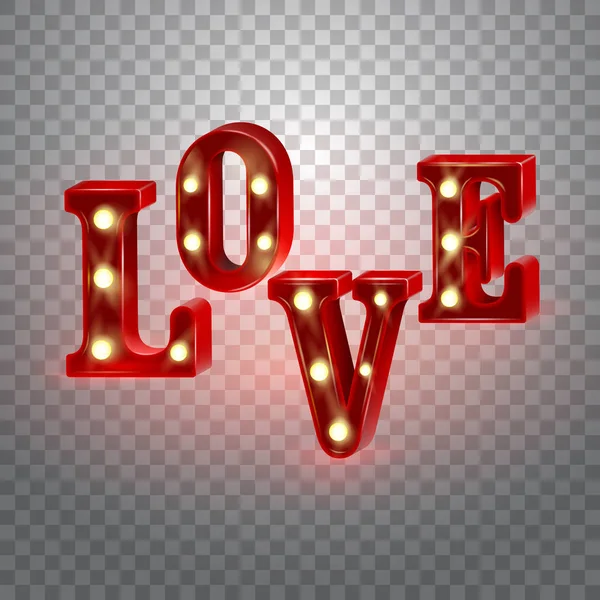 Néon 3d mot Amour avec des lumières . — Image vectorielle