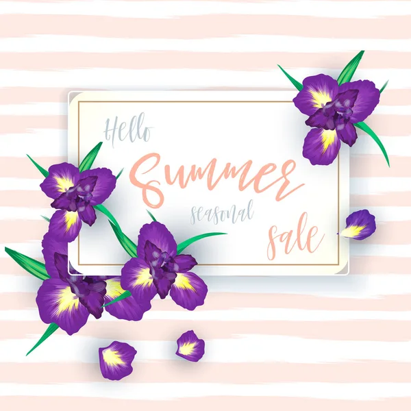 Fondo de venta de verano con flores de iris — Vector de stock