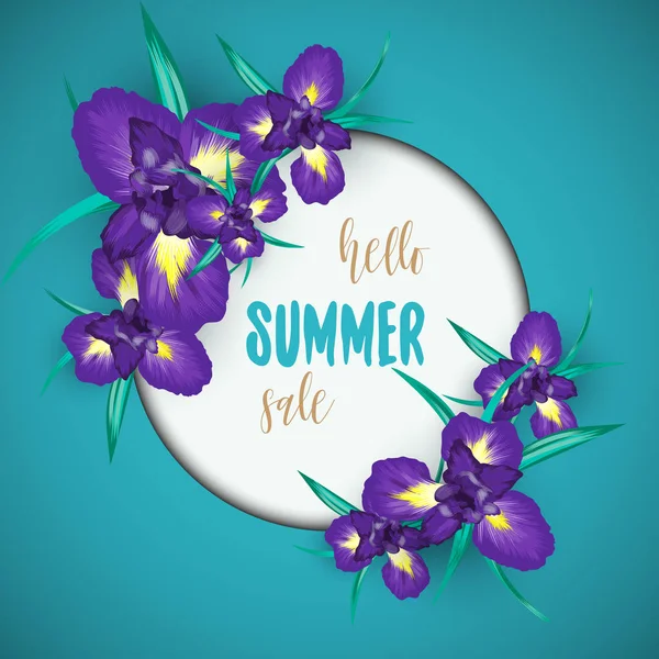 Fondo de venta de verano con flores de iris — Vector de stock