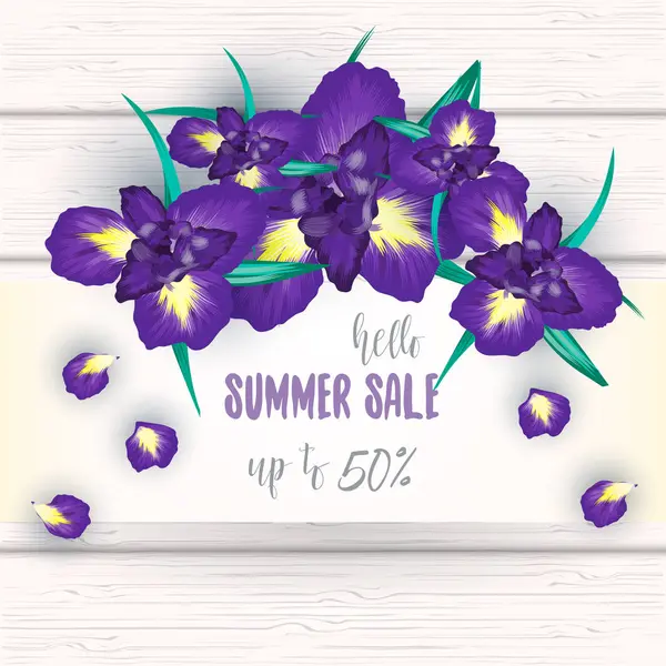 Sommar försäljning bakgrund med iris blommor — Stock vektor