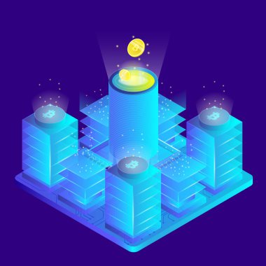 Isometric 3d currency mining bitcoin server room