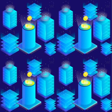 Isometric 3d currency mining bitcoin server room