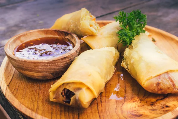 Asian Food Spring Rolls Timber Plate — Stock Photo, Image