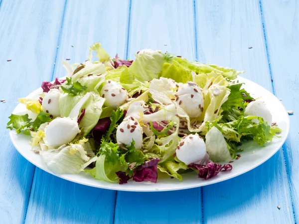 Meng Saladebladeren Met Mozzarella Lijnzaad Een Witte Plaat Blauwe Houten — Stockfoto