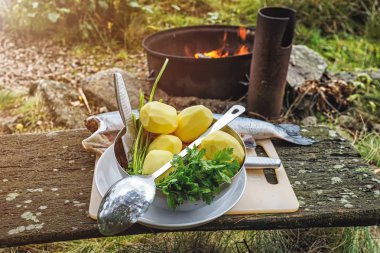 Sebze ve balık ormandaki açık havada açık ateşte pişirmeye hazırlama