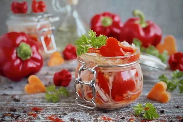 Pickled Cabbage Carrots Sweet Pepper Glass Jar — Stock Photo, Image