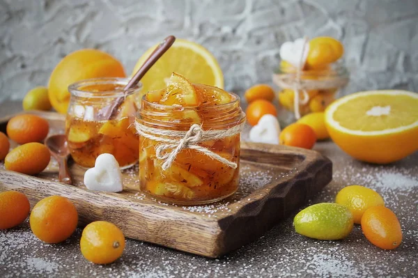Marmeladă Casă Din Portocale Într Borcan Sticlă Portocaliu Proaspăt Kumquats — Fotografie, imagine de stoc