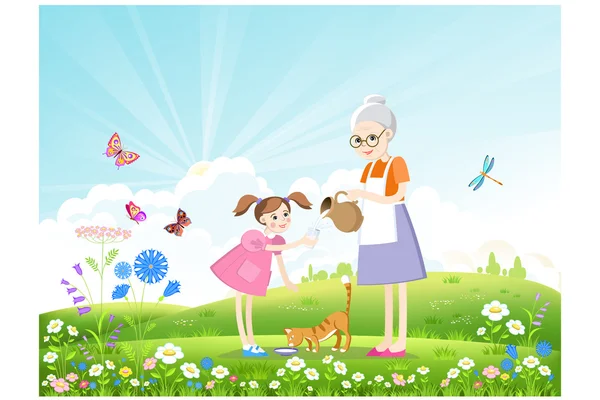 Grandmother and girl drinking milk on a beautiful summer landscape. Vector illustration. — Stock Photo, Image