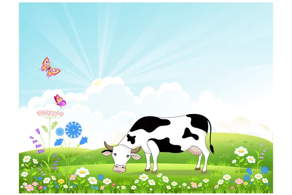 Beautiful summer landscape and a cow eating grass. Vector illustration. — ストックベクタ