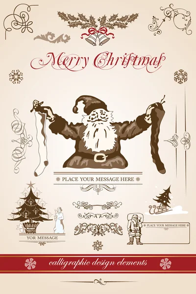 Noel ve yeni yıl. dizi vektör dekoratif, kaligrafi öğeleri, antika ve vintage takı, afiş, metin, ayırıcılar, kar taneleri ve yıldız bir tasarıma sahip. Noel Baba hediye ile