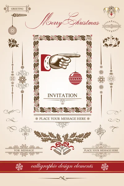 Noel ve yeni yıl. dizi vektör dekoratif, kaligrafi öğeleri, antika ve vintage takı, afiş, metin, ayırıcılar, kar taneleri ve yıldız bir tasarıma sahip. Noel Baba.